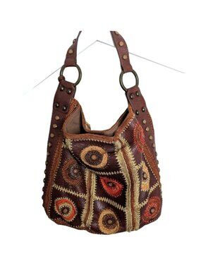Isabella Fiore Brown Leather Studded Embroidered Shoulder Bag W Bohemian Design